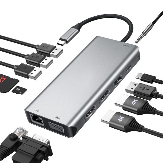 USB C Hub, 13-in-1 Type C Hub with Ethernet, 4K USB C to 2 HDMI, VGA, 2 USB 3.0, 2 USB 2.0, 100W PD, SD/TF Cards Reader, Mic/Audio Docking Station for MacBook Pro Air XPS and Other USB-C Laptops