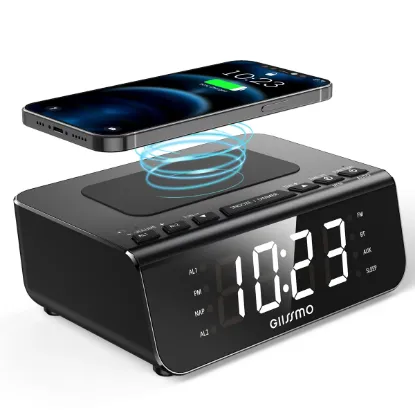 Digital Wireless Charging Alarm Clock FM Radio,10W Fast Wireless Charger Station for iPhone/Samsung Galaxy, 3 Level Dimmer, USB Charging Port,2 Wake up Sounds, LED Alarm Clock for Bedside